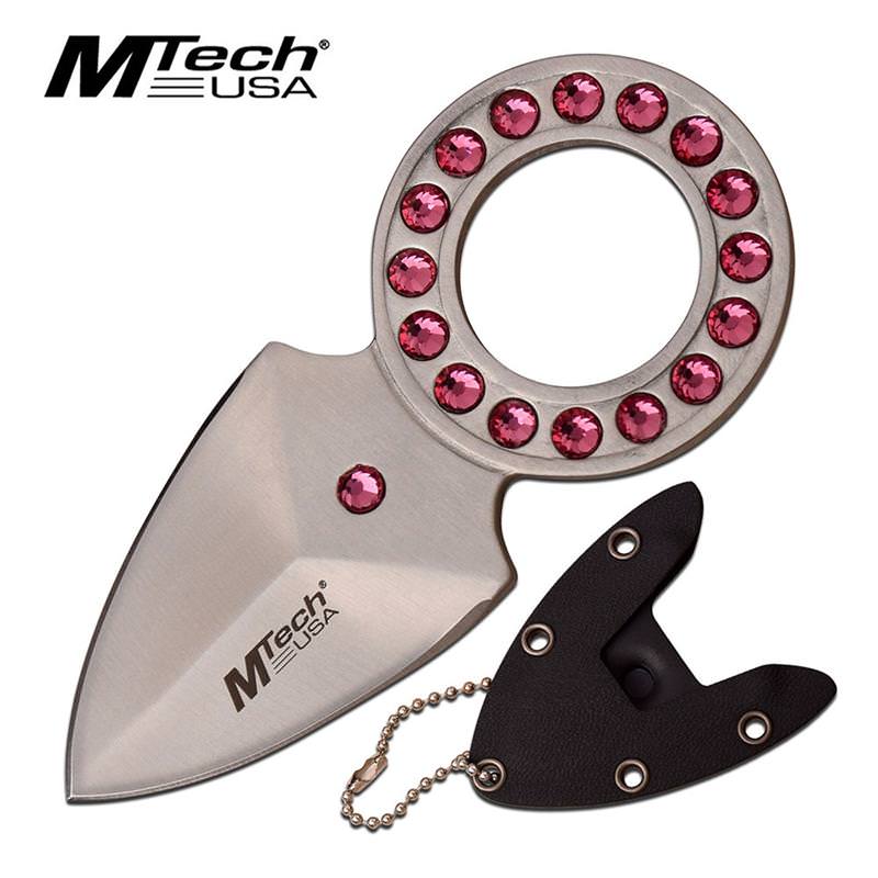 Mtech USA Round Necklace Handle Fixed Blade Neck Knife Pink crystals - Tophatter's Army Products & Self Defense Collectible Weapons - Tophatter Daily Deals